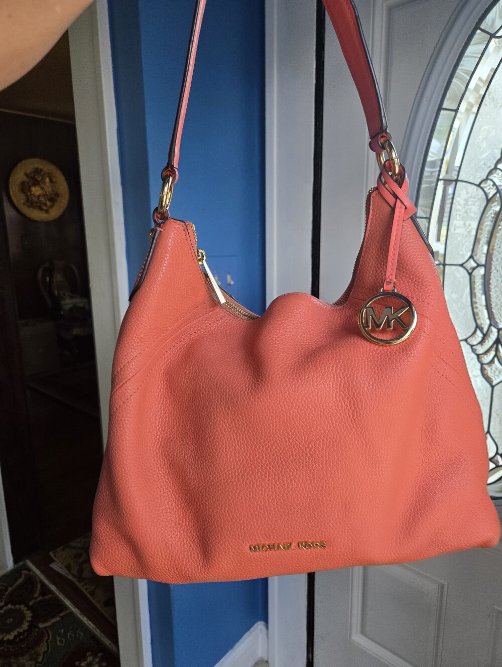 Michael Kors Large True Coral Soft Pebbled Leather Shoulder Hobo Bag